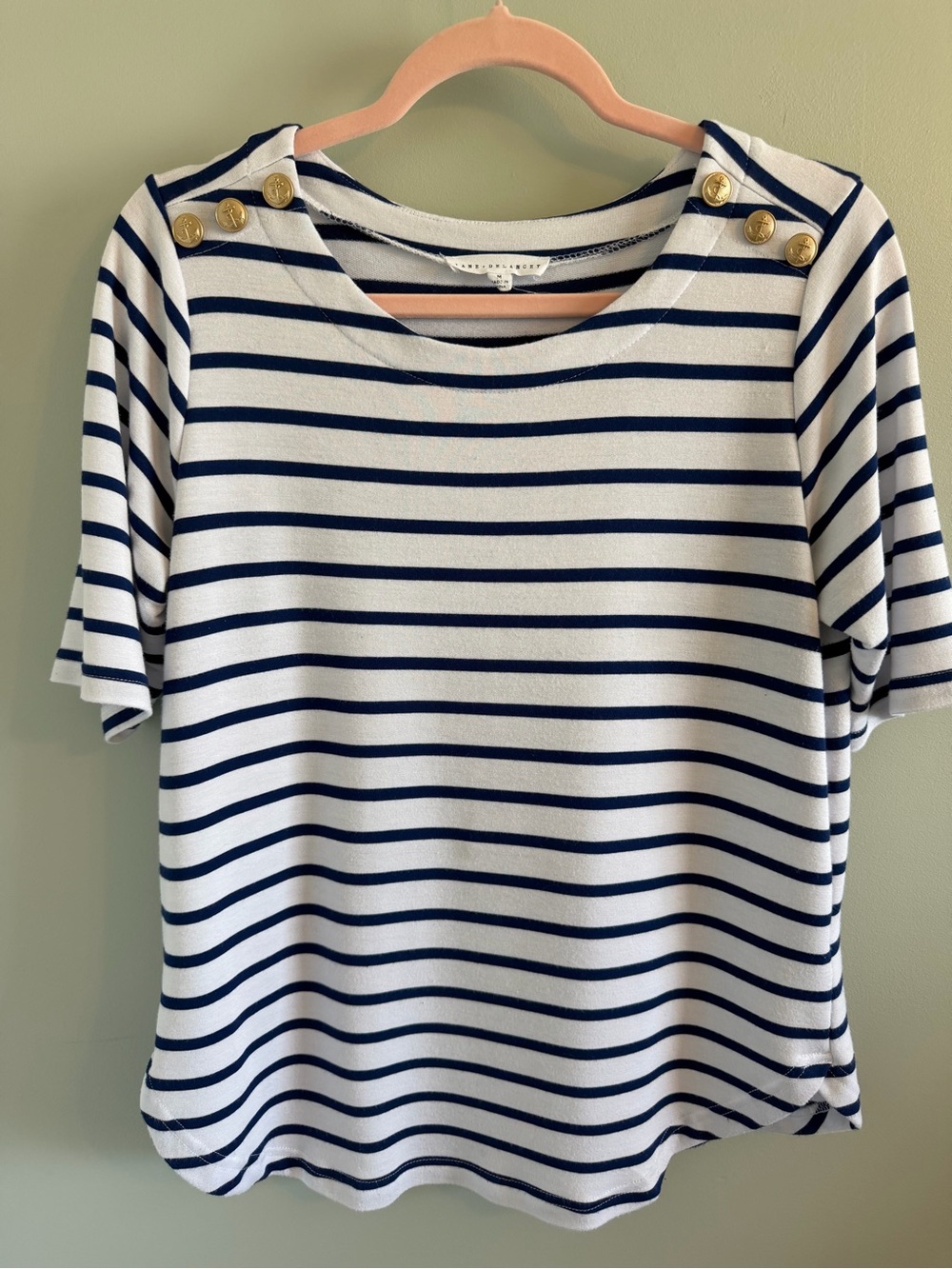 Jane + Delancey Navy & White Striped Elbow Sleeve Tee with Gold Nautical buttons
